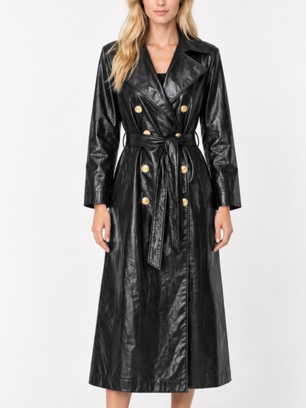 Avec Les Filles Black Faux Leather Belted Trench Coat XS NBNN